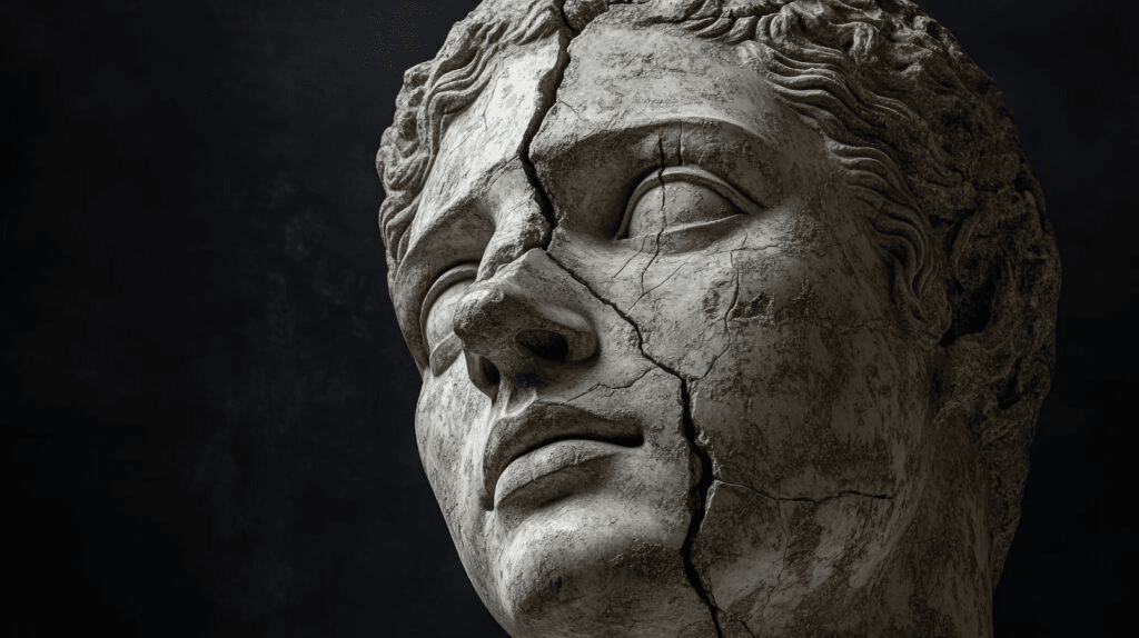 Close-up of a cracked stone statue face against a dark background.