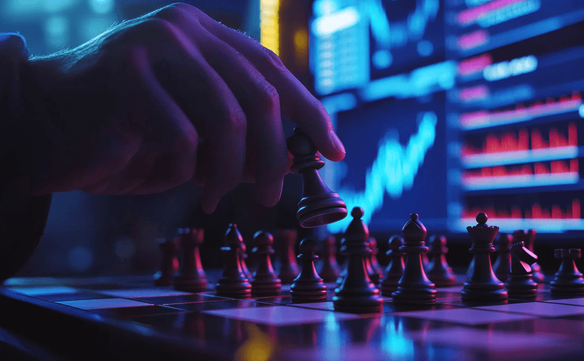First image alt tag: Hand moving a chess piece with stock market charts glowing in the background.