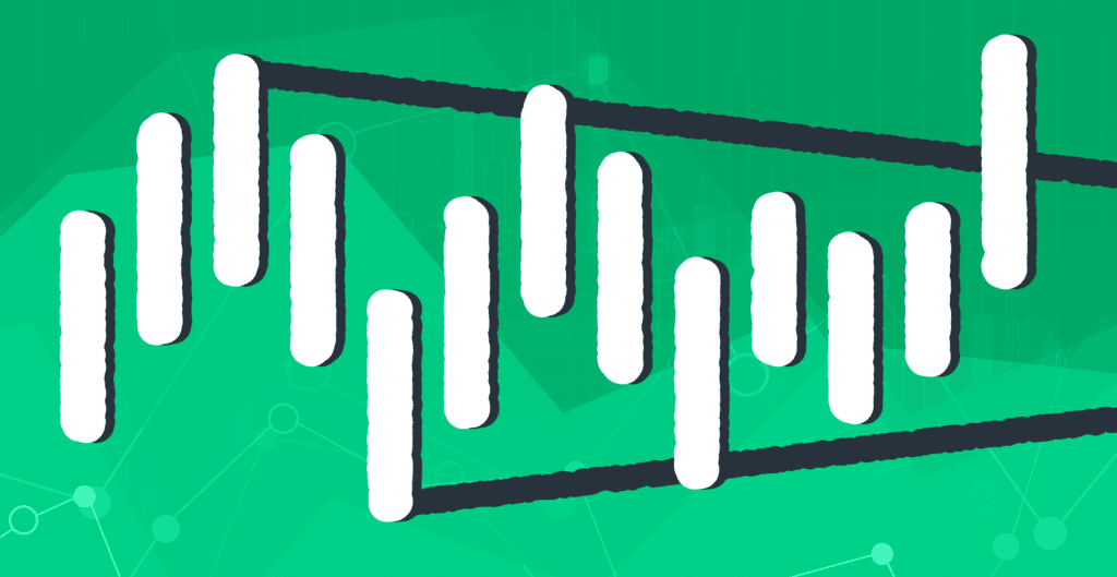 Stylized candlestick chart showing price movement on a green background.